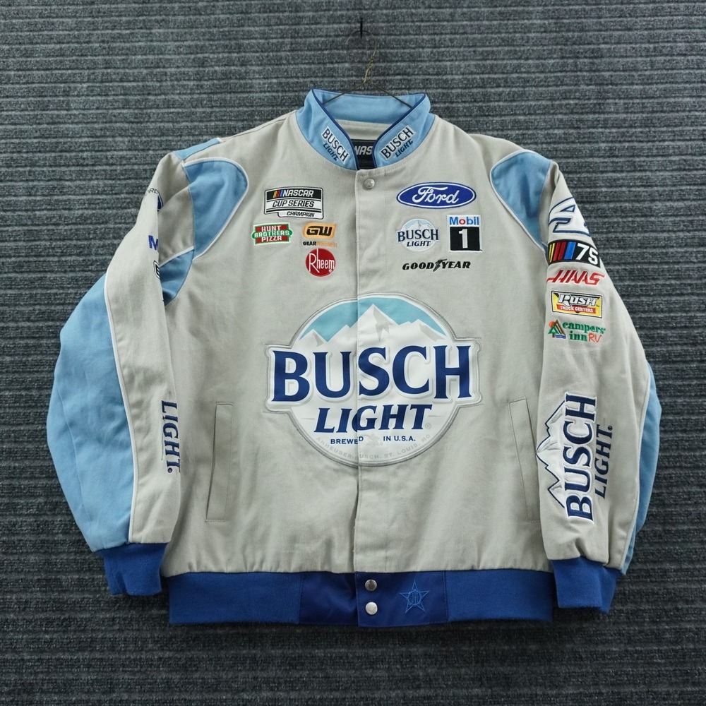 JH Design NASCAR Busch Light Racing Jacket Mens L Gray Blue Twill
